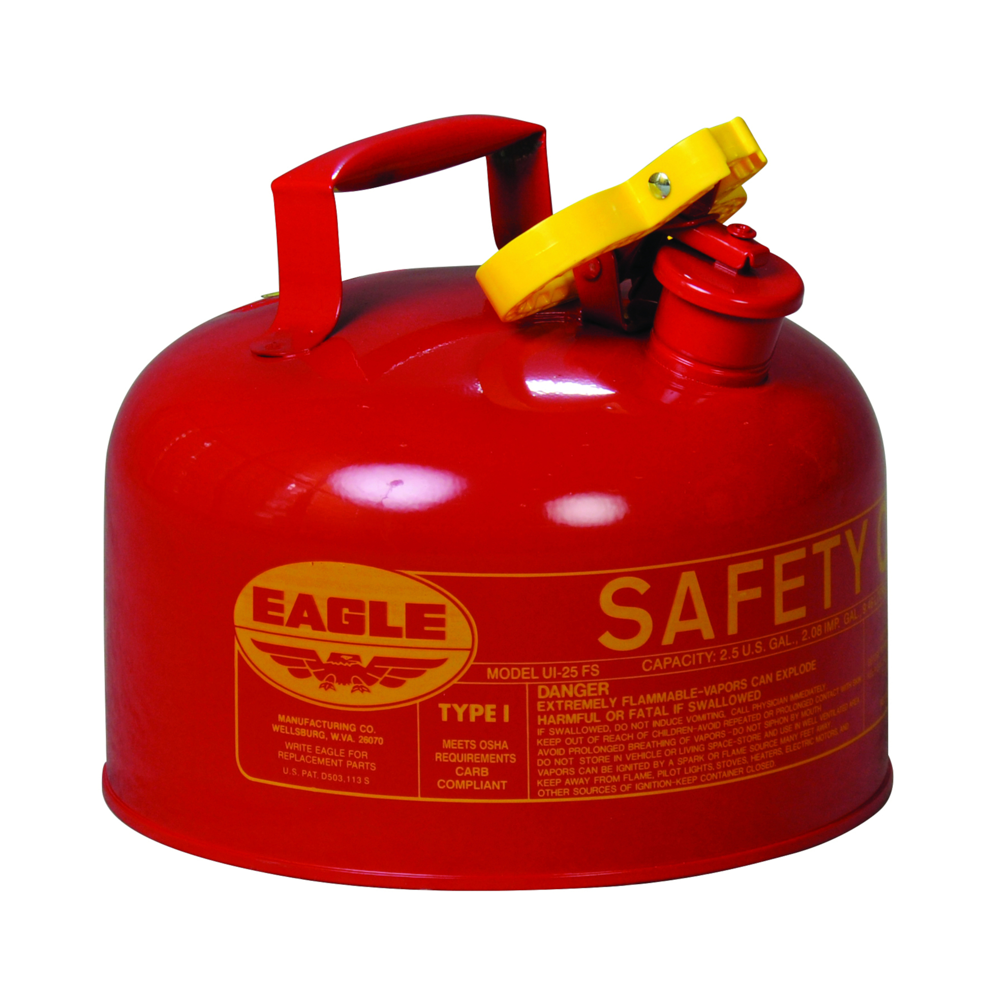 Eagle Type I Steel Safety Can for Flammables — 2.5 Gallon, Flame Arrester, Red, Model# UI25S